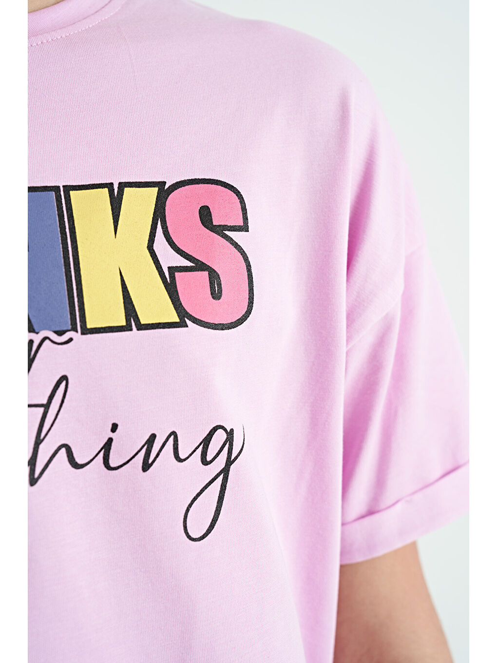 Pembe - Siyah Yazı Baskılı Oversize Kız Çocuk Crop Tayt Takım - 75133-8