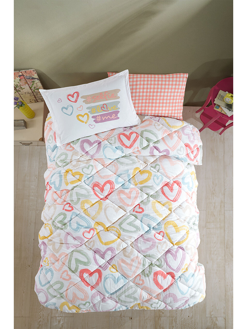 Pembe %100 Pamuk Tek Kişilik Uyku Seti Selfie