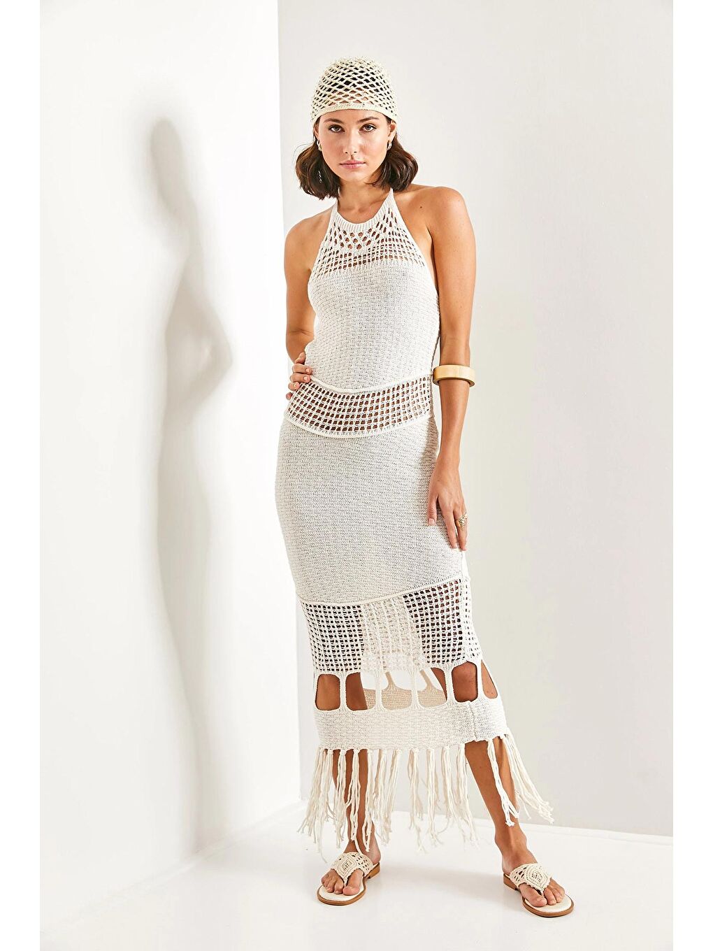 Beyaz Kadın Desenli Ucu Püsküllü Triko Elbise-2