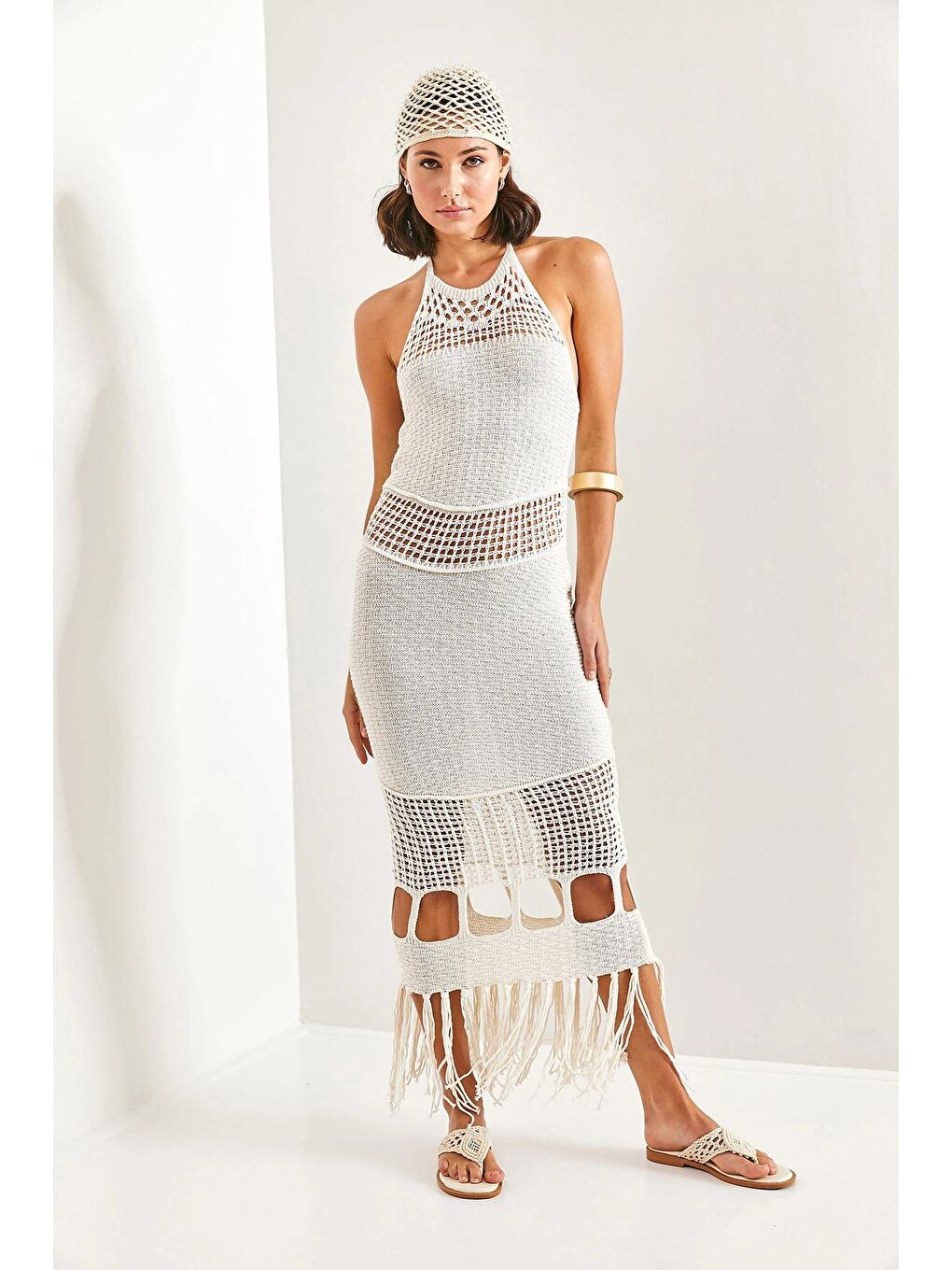 Beyaz Kadın Desenli Ucu Püsküllü Triko Elbise-3