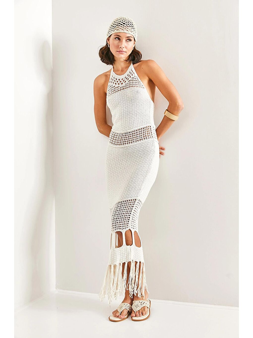 Beyaz Kadın Desenli Ucu Püsküllü Triko Elbise-4