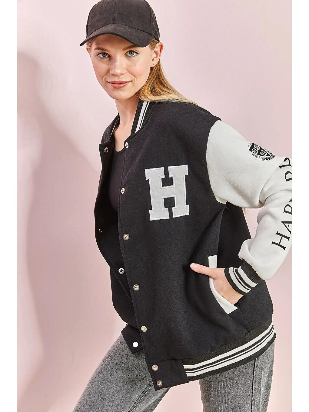 Siyah Kadın H Baskılı Kolej Ceket-1