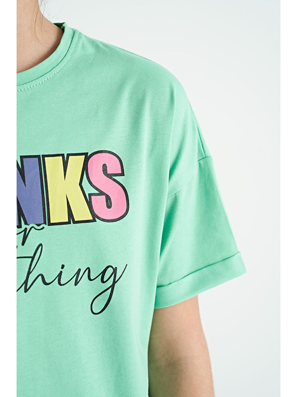 Turkuaz Su Yeşil - Orman Yeşil Yazı Baskılı Oversize Kız Çocuk Crop Tayt Takım - 75133-8