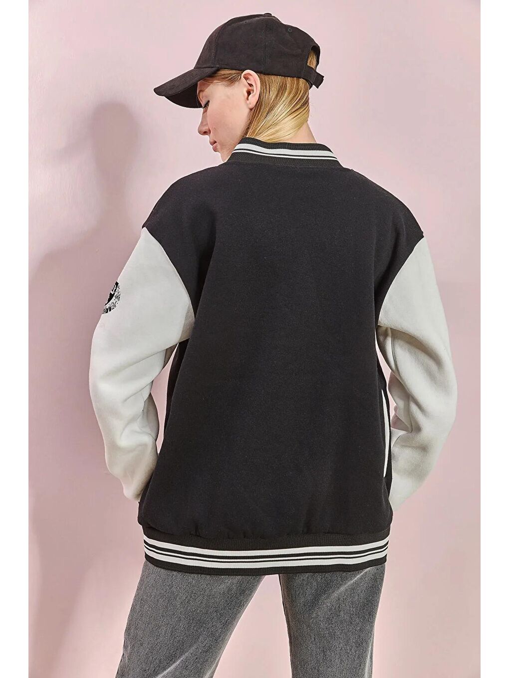 Siyah Kadın H Baskılı Kolej Ceket-2