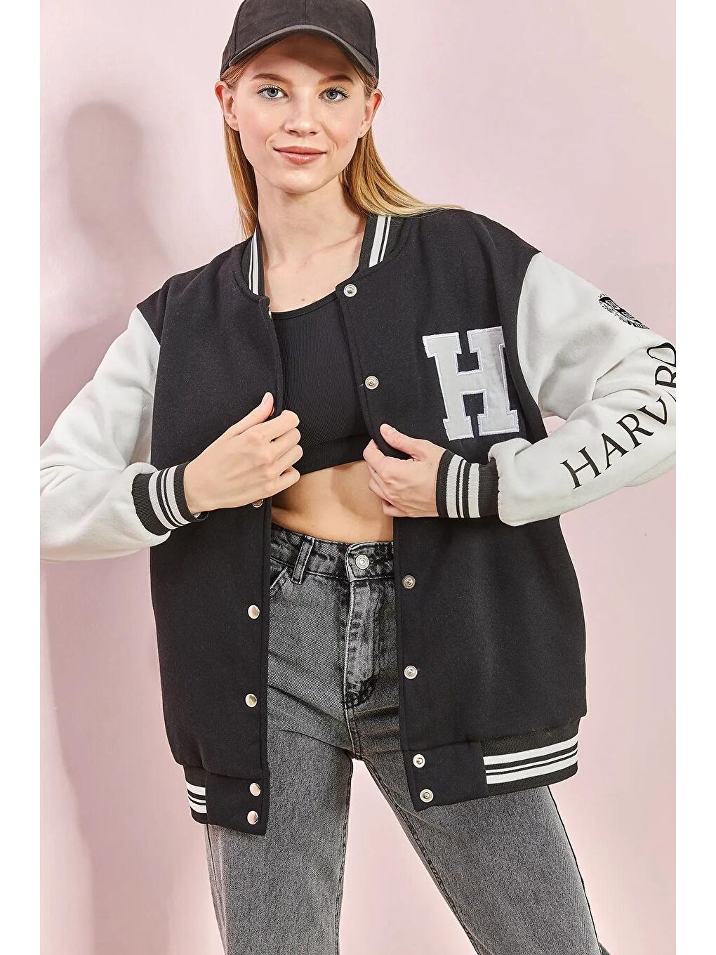 Siyah Kadın H Baskılı Kolej Ceket-3