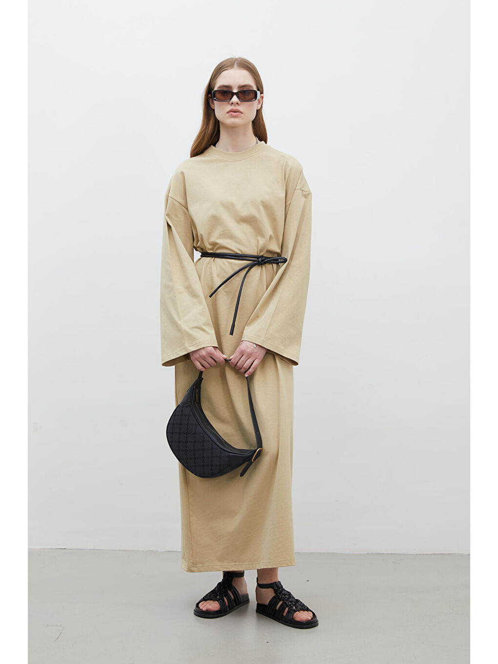 Kahverengi Oversize Pamuklu Elbise Camel-2