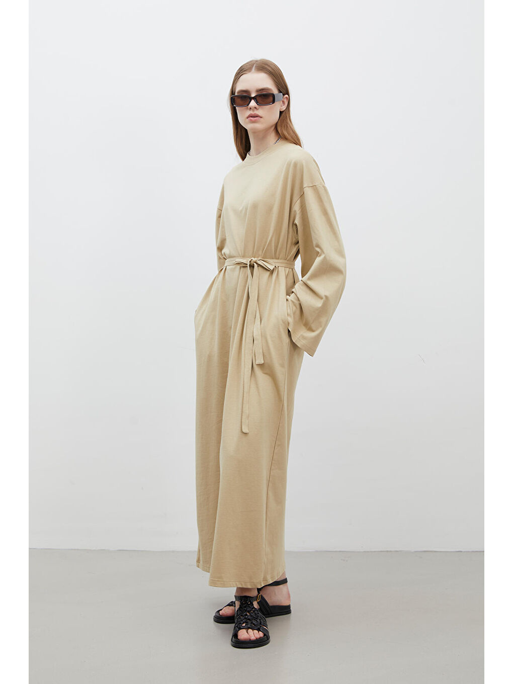 Kahverengi Oversize Pamuklu Elbise Camel-4