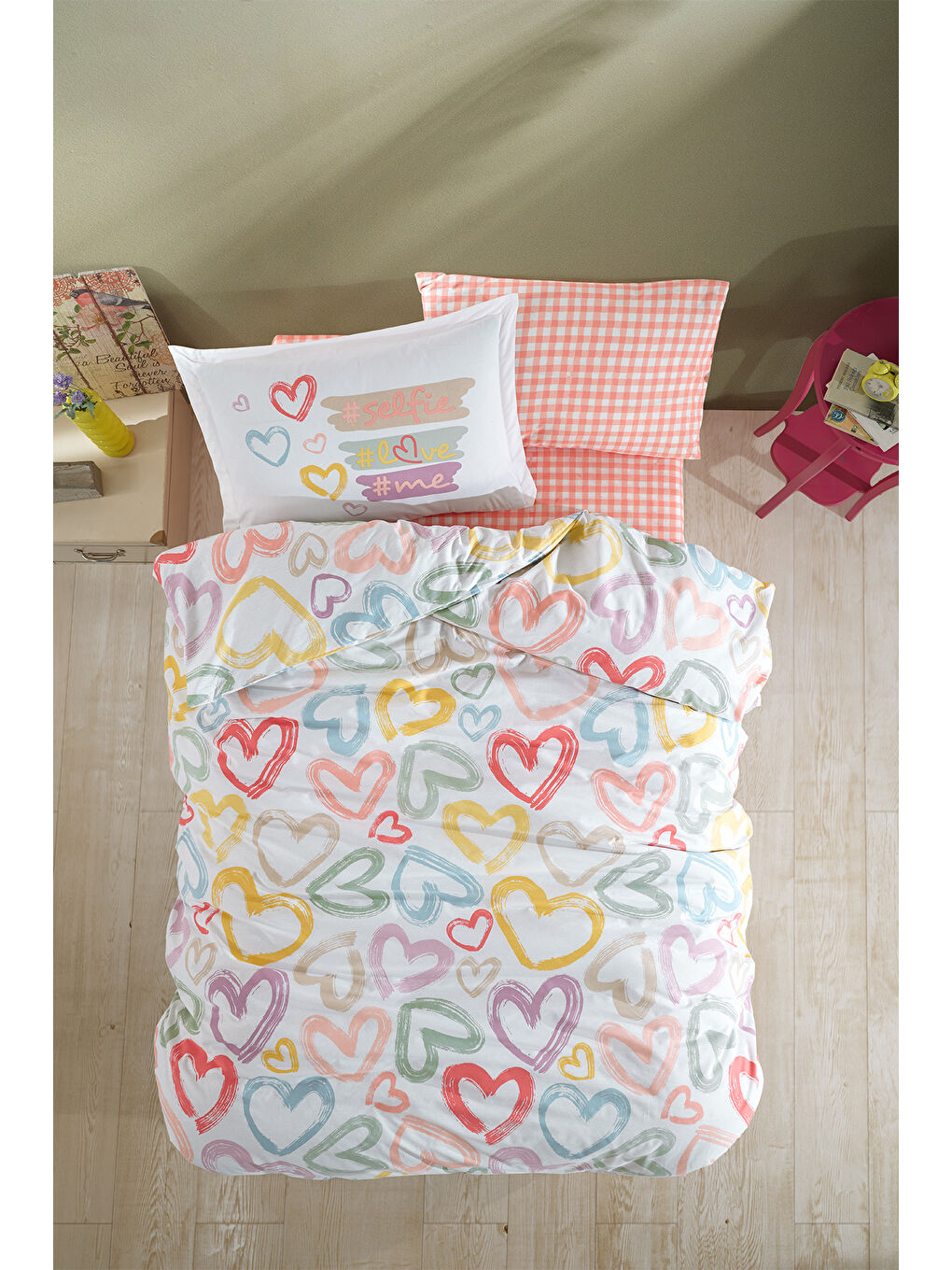 Pembe %100 Pamuk Nevresim Takımı Tek Kişilik Selfie-2