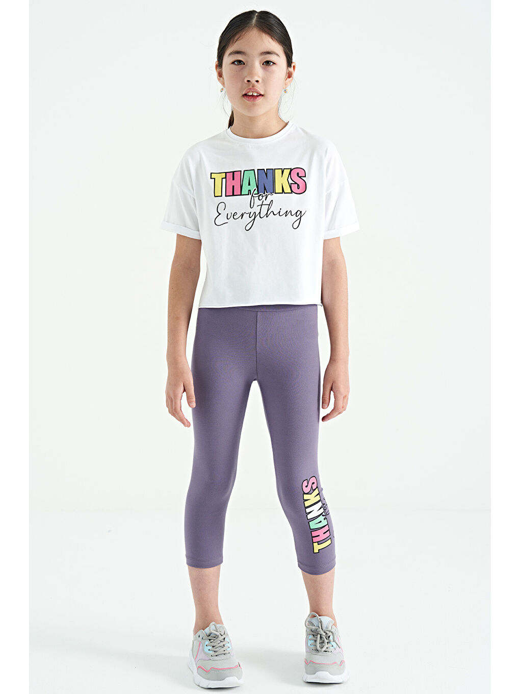Beyaz - Açık Eflatun Yazı Baskılı Oversize Kız Çocuk Crop Tayt Takım - 75133