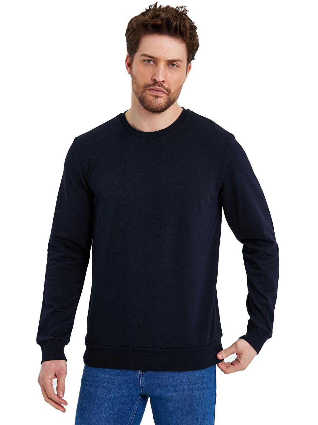Lacivert Bisiklet Yaka Basic İnce Erkek Sweatshirt-4