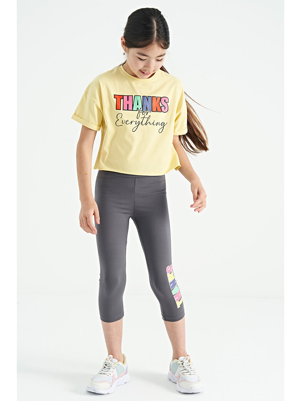 Sarı - Koyu Gri Yazı Baskılı Oversize Kız Çocuk Crop Tayt Takım - 75133-6
