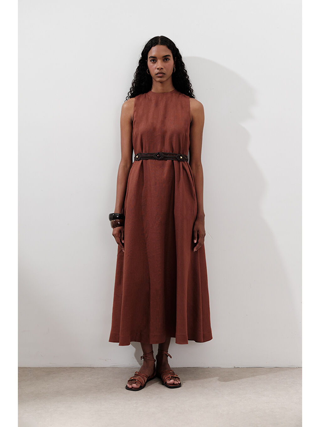 Turuncu Keten Büzgülü Geniş Elbise Bakır