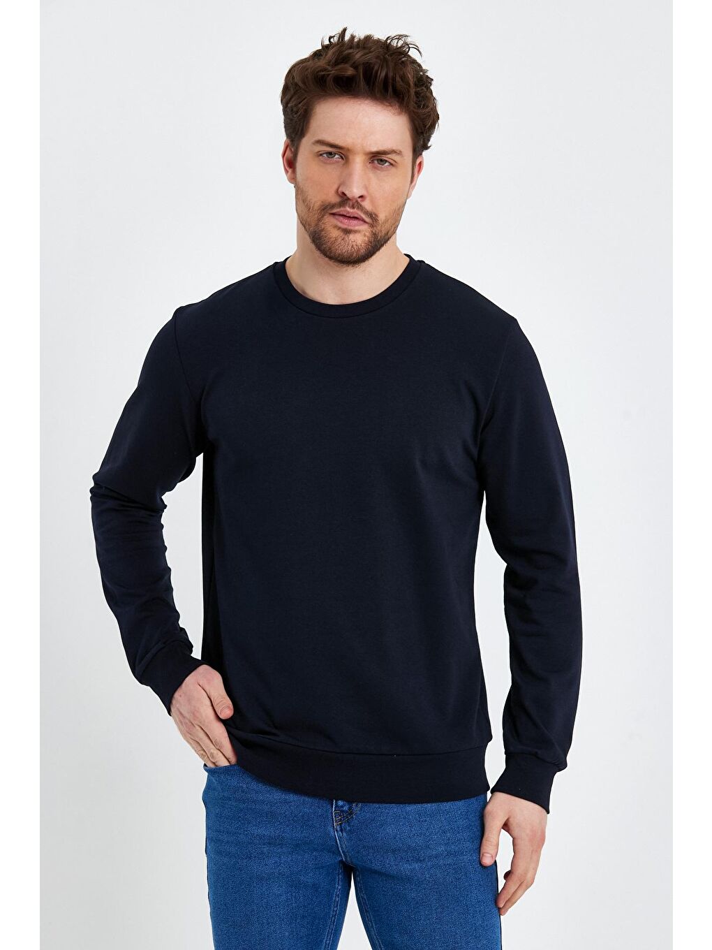 Lacivert Bisiklet Yaka Basic İnce Erkek Sweatshirt-1