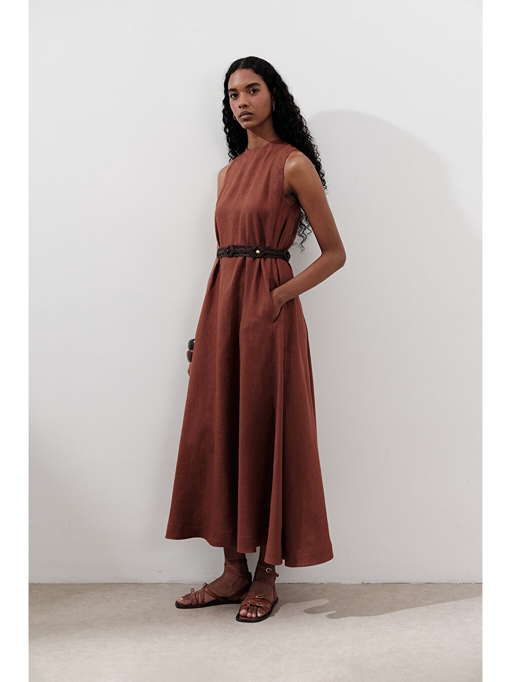 Turuncu Keten Büzgülü Geniş Elbise Bakır-1