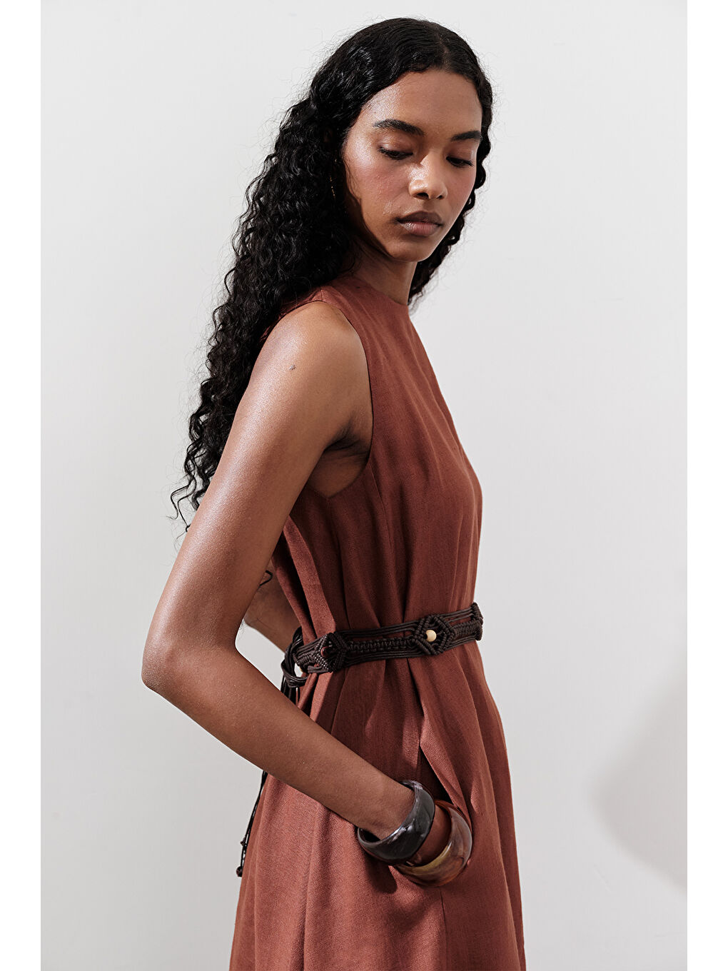 Turuncu Keten Büzgülü Geniş Elbise Bakır-2