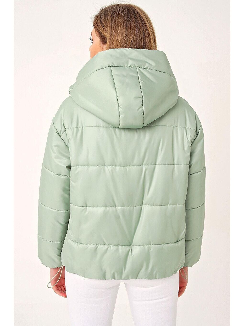 Kadın Mint Yeşil Kapüşonlu Bel Büzgülü Şişme Mont HZL22W-BD151171-3