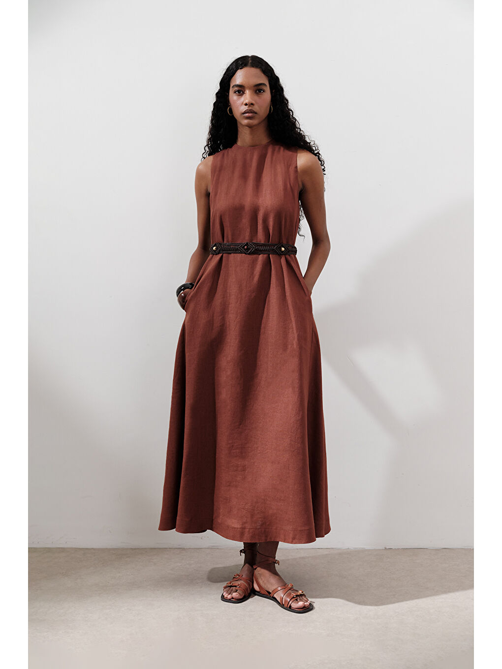 Turuncu Keten Büzgülü Geniş Elbise Bakır-4