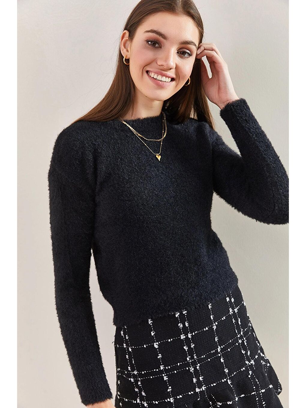 Siyah Kadın Selanik Örgü Bisiklet Yaka  Triko Kazak