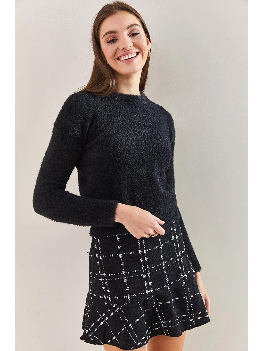 Siyah Kadın Selanik Örgü Bisiklet Yaka  Triko Kazak-1