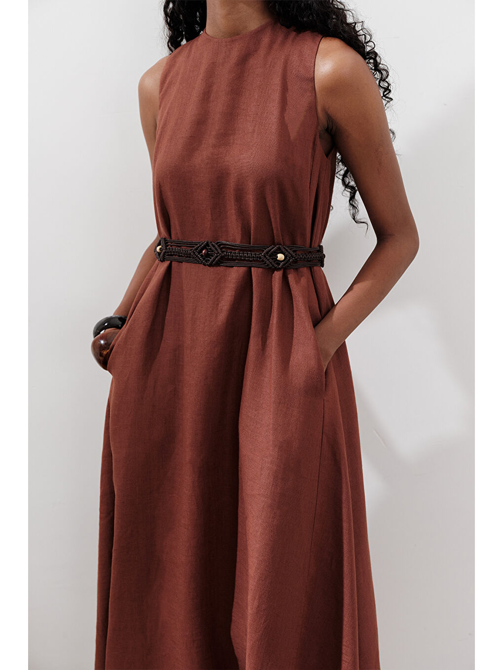 Turuncu Keten Büzgülü Geniş Elbise Bakır-5