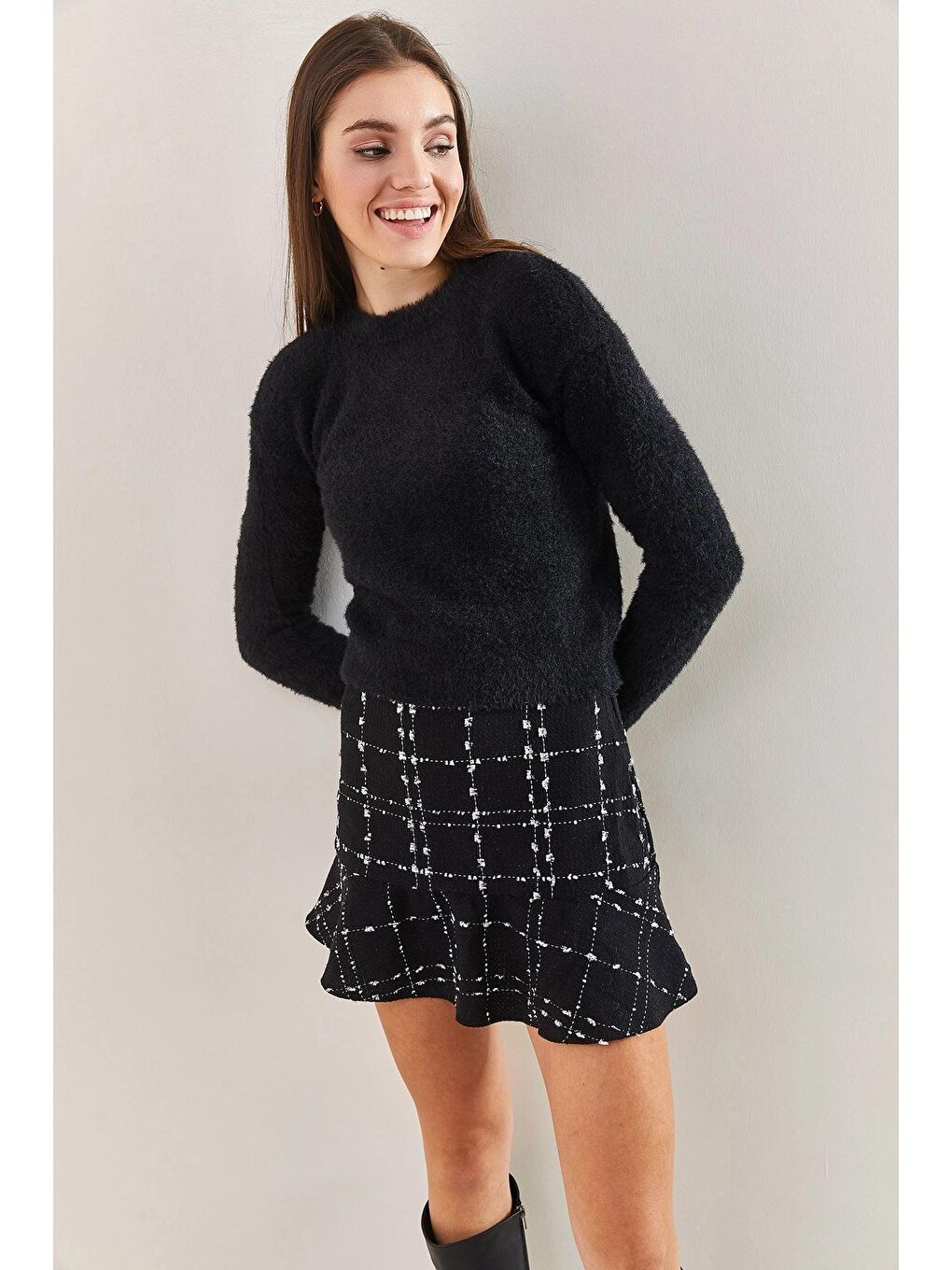 Siyah Kadın Selanik Örgü Bisiklet Yaka  Triko Kazak-2