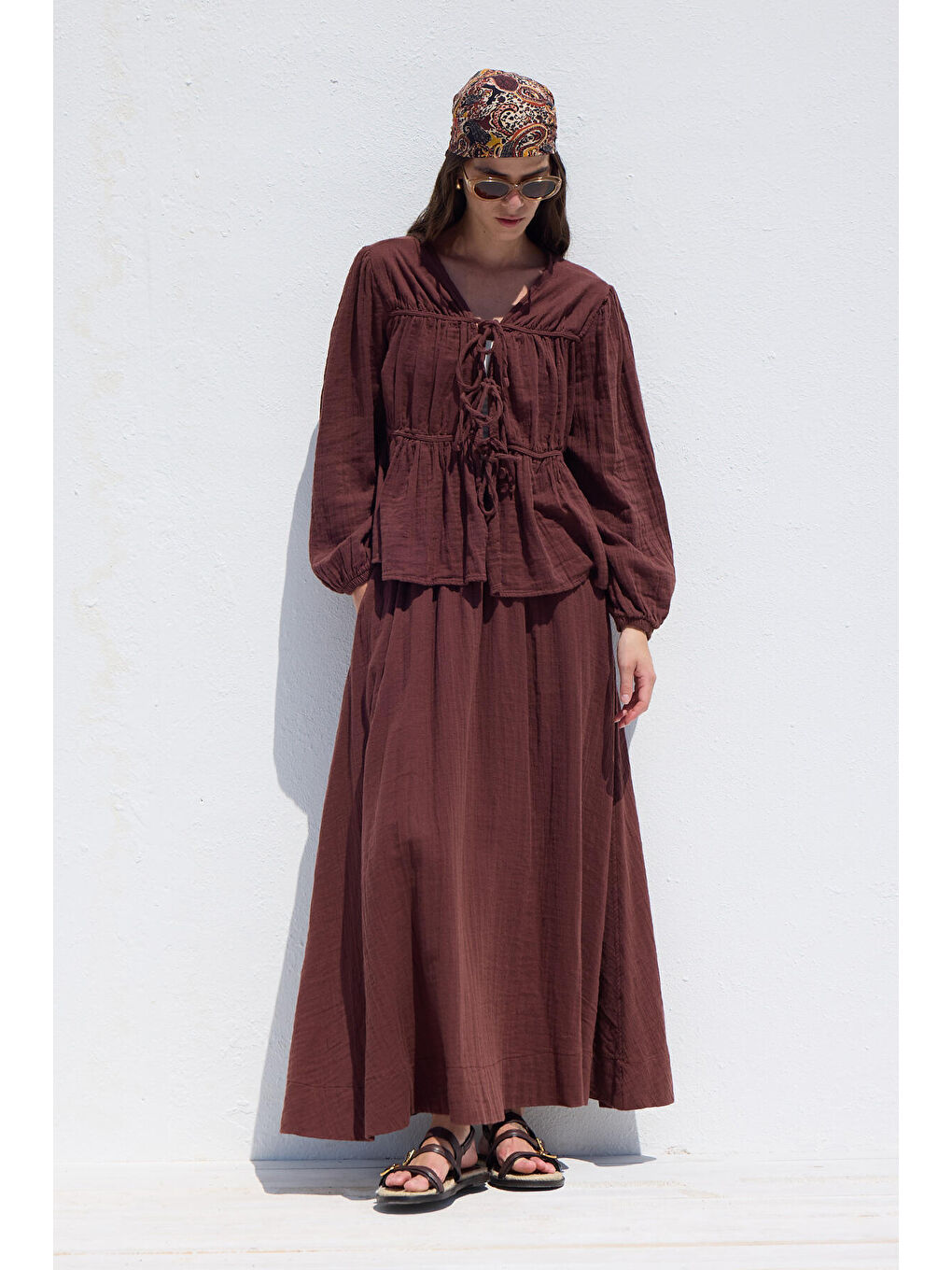 Bağlama Detaylı Müslin Bluz Bordo-2