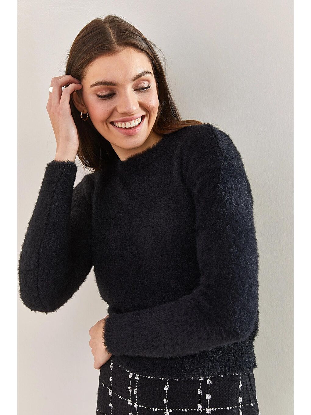 Siyah Kadın Selanik Örgü Bisiklet Yaka  Triko Kazak-3