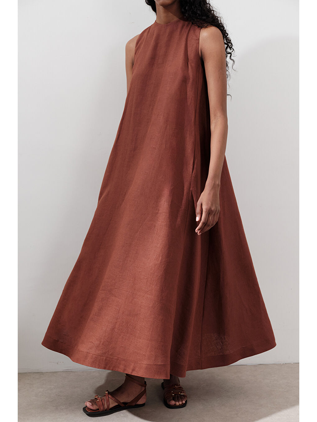 Turuncu Keten Büzgülü Geniş Elbise Bakır-6