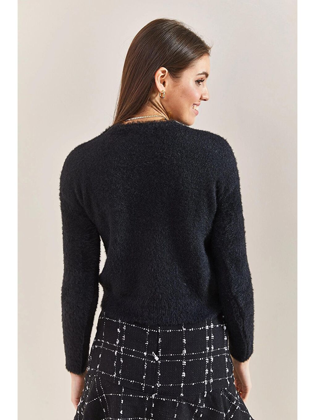 Siyah Kadın Selanik Örgü Bisiklet Yaka  Triko Kazak-4