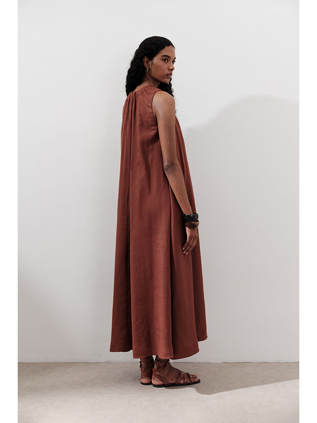 Turuncu Keten Büzgülü Geniş Elbise Bakır-7