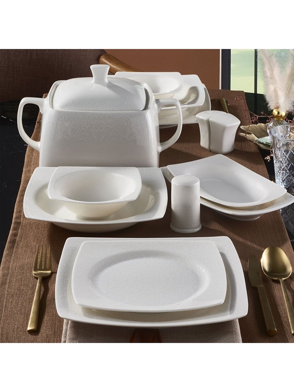 Ekru Caroline 62 Parça 12 Kişilik Kare Yemek Takımı 6114