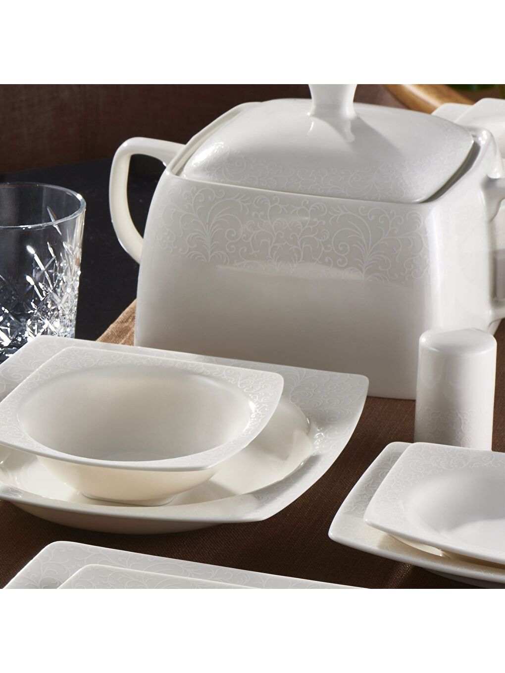 Ekru Caroline 62 Parça 12 Kişilik Kare Yemek Takımı 6114-1