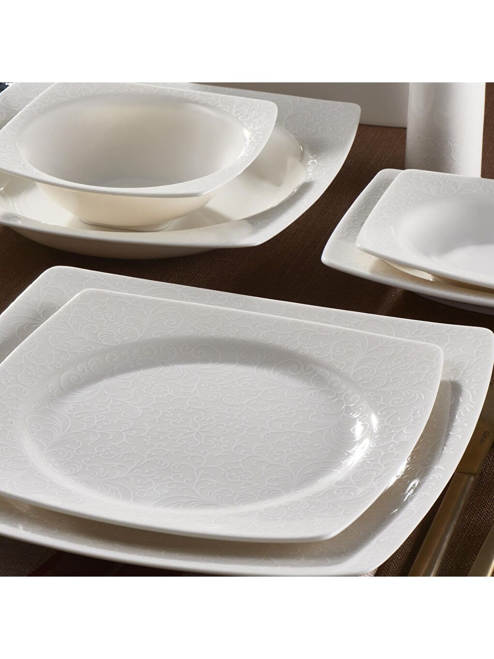 Ekru Caroline 62 Parça 12 Kişilik Kare Yemek Takımı 6114-2