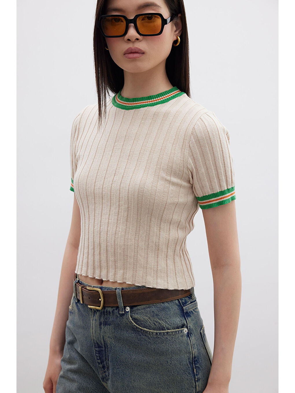 Retro Çizgili Triko T-Shırt Bej-1