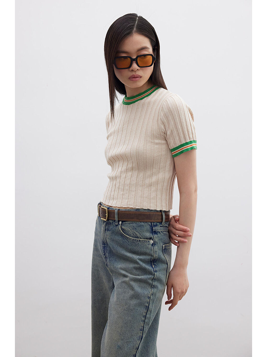 Retro Çizgili Triko T-Shırt Bej-2