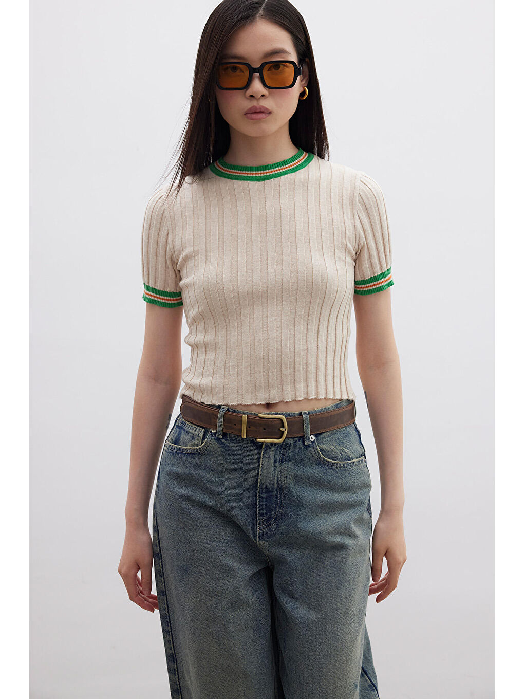 Retro Çizgili Triko T-Shırt Bej-3