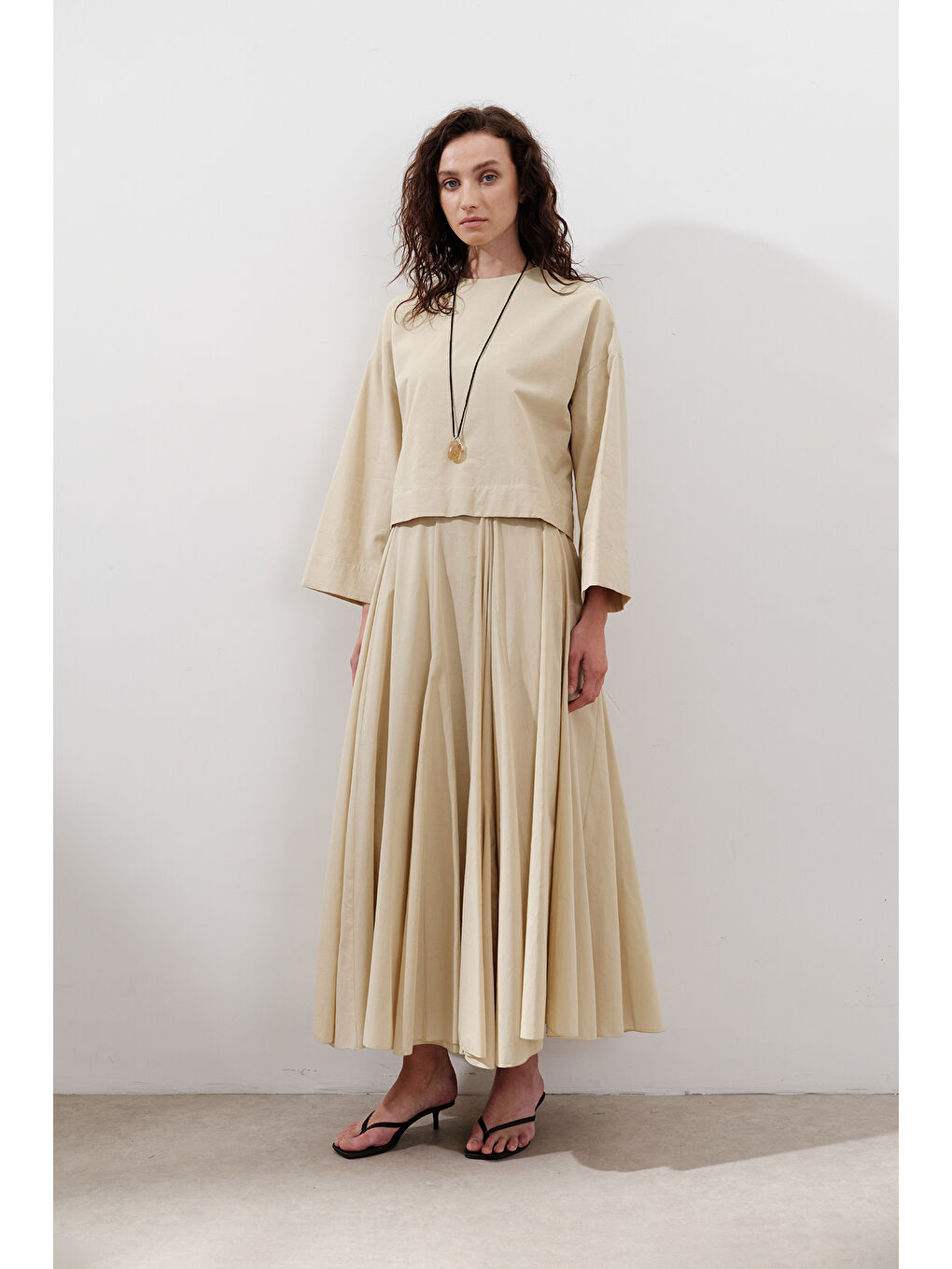 Pamuklu Crop Uzun Kol Bluz Pastel Sarı-1