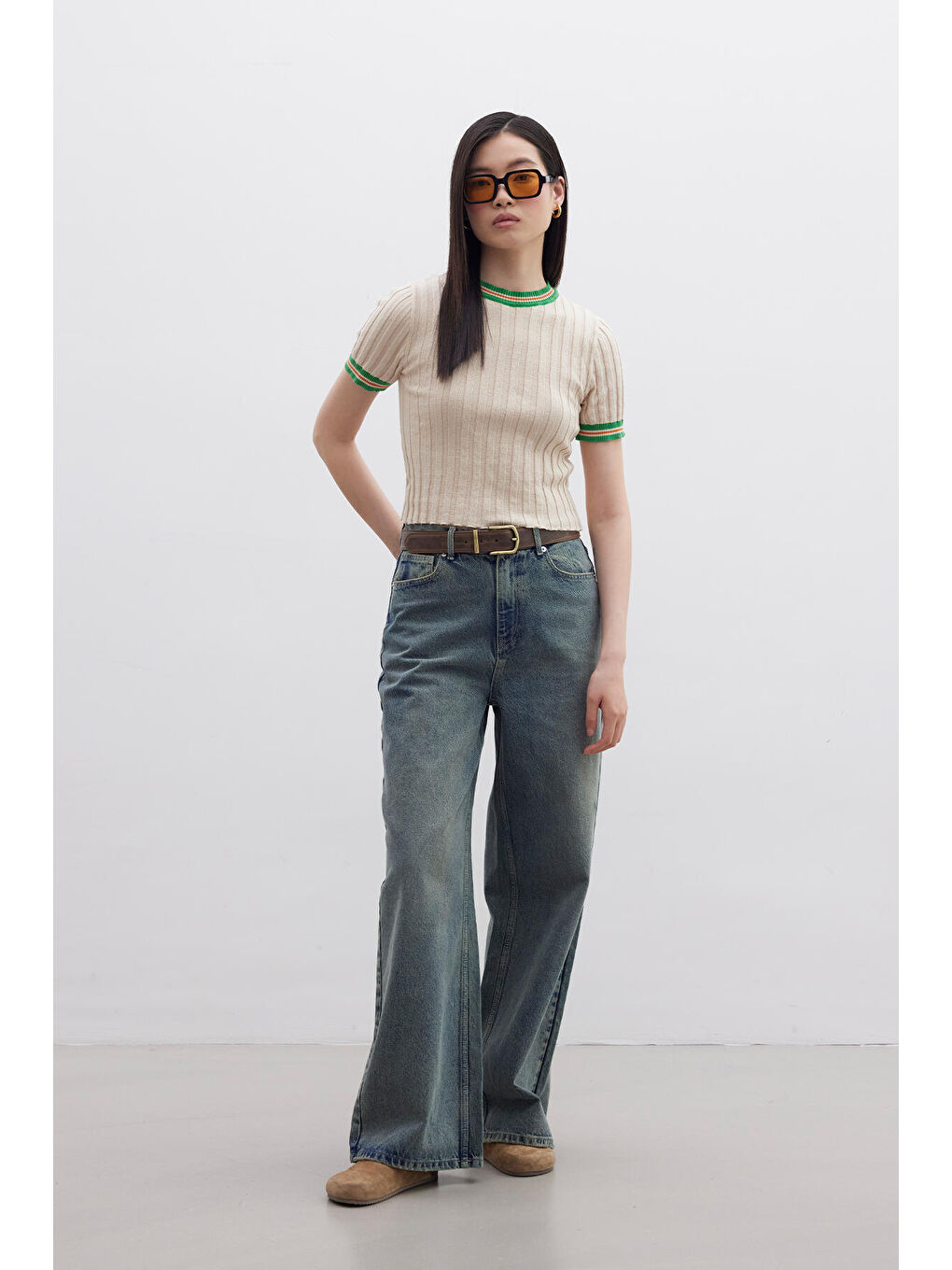 Retro Çizgili Triko T-Shırt Bej-4