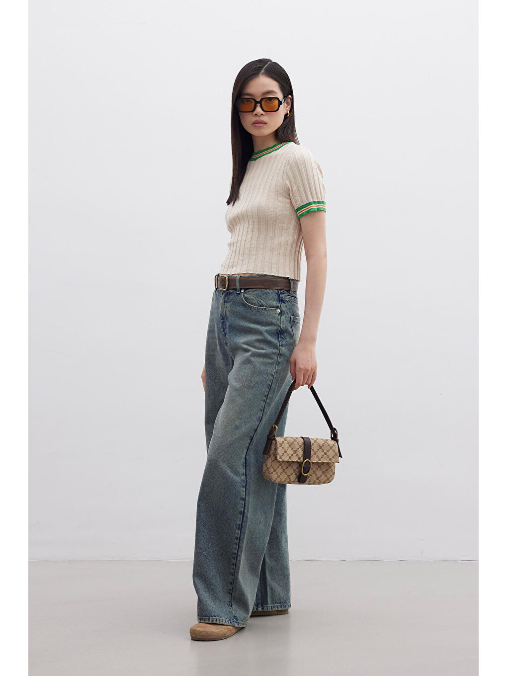 Retro Çizgili Triko T-Shırt Bej-6