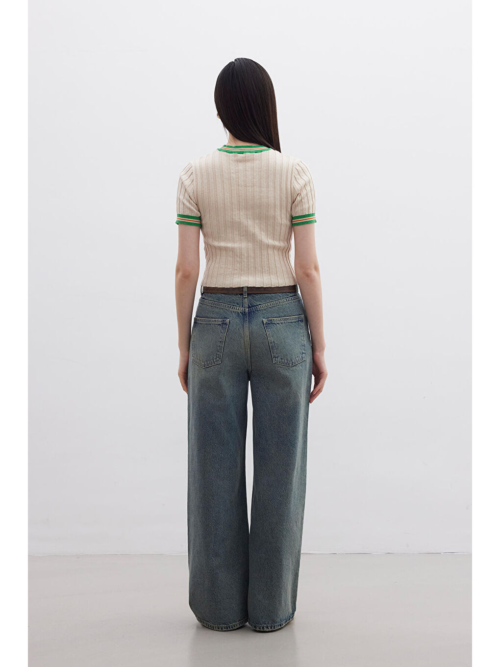 Retro Çizgili Triko T-Shırt Bej-7