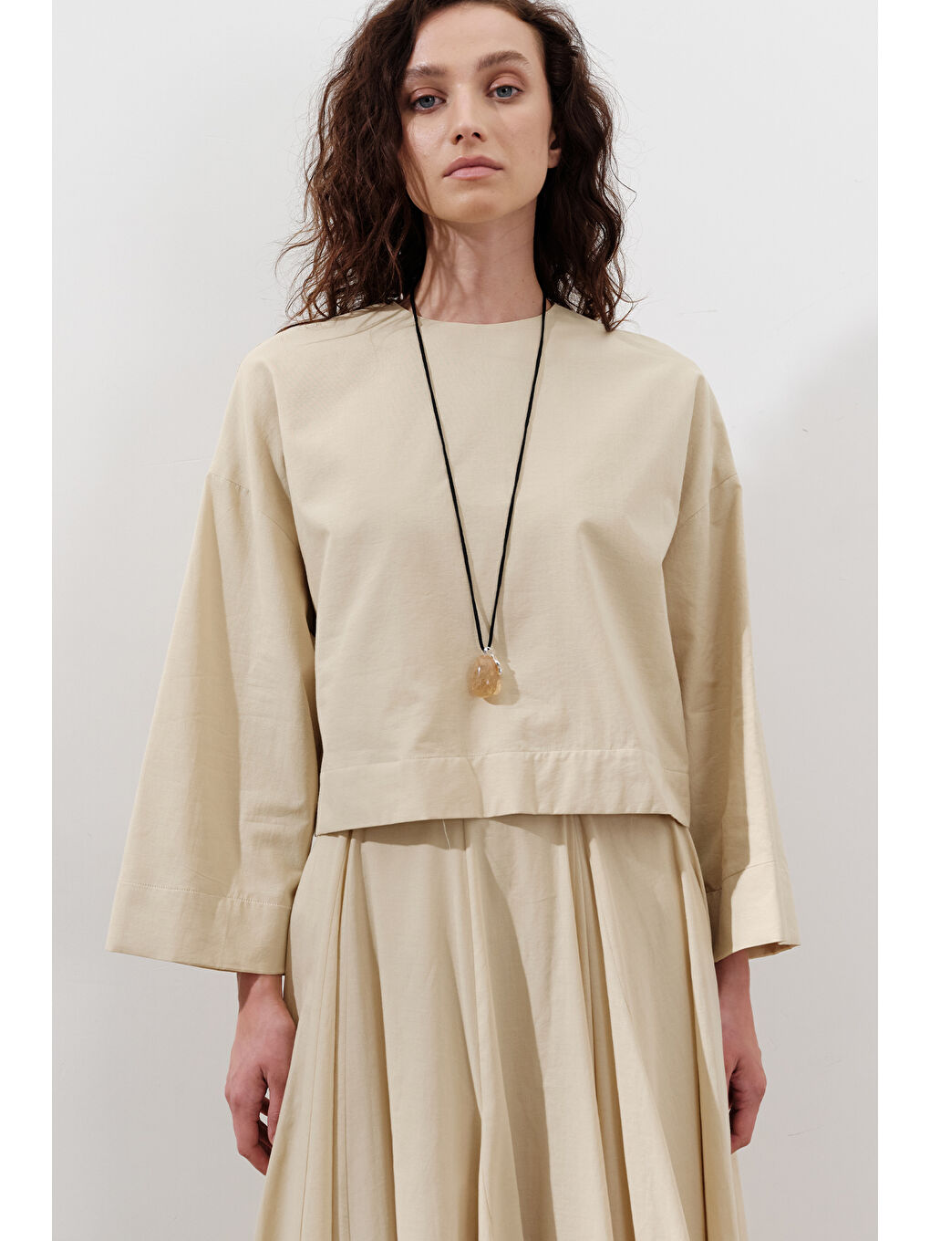 Pamuklu Crop Uzun Kol Bluz Pastel Sarı-2