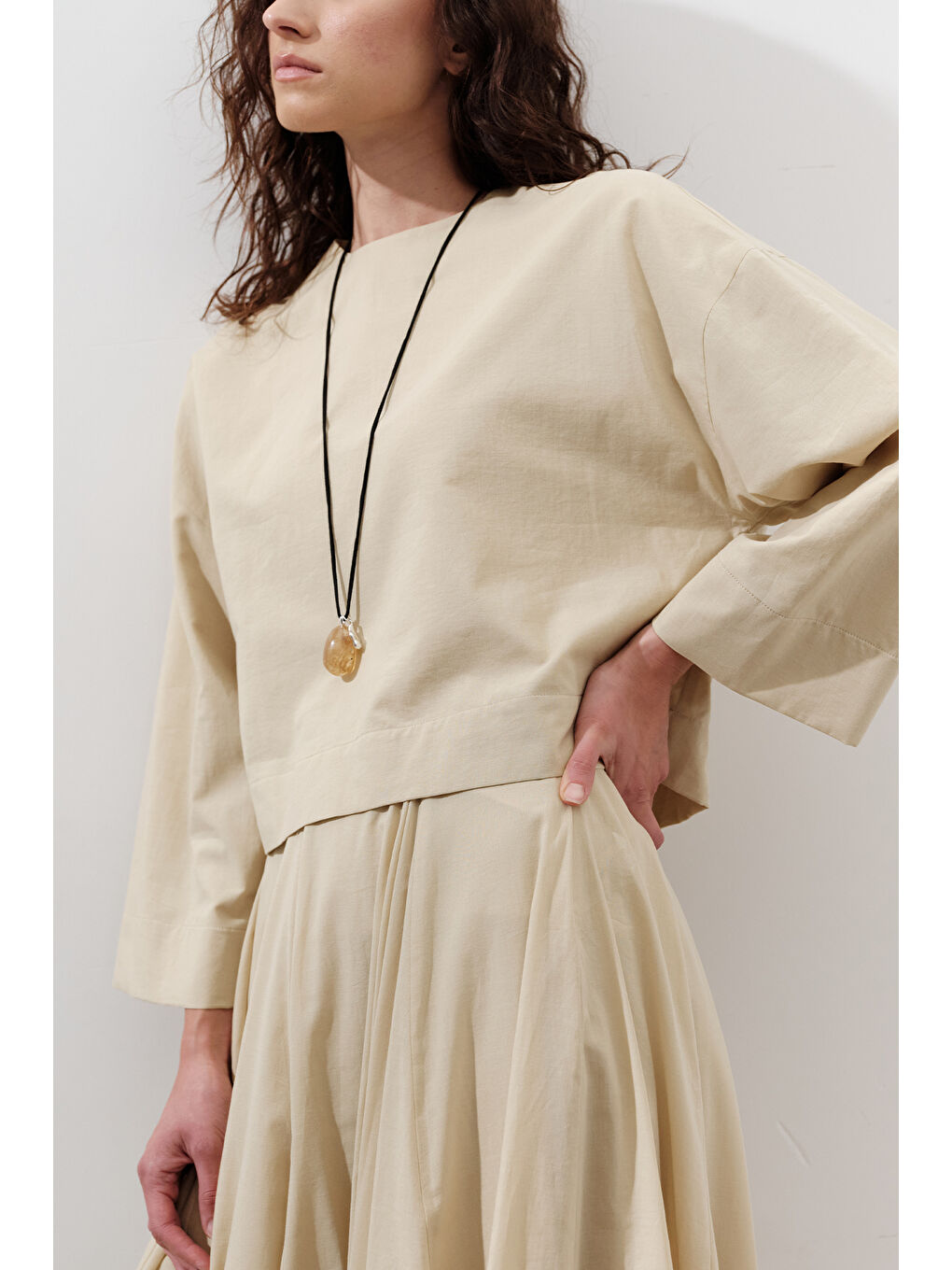 Pamuklu Crop Uzun Kol Bluz Pastel Sarı-3