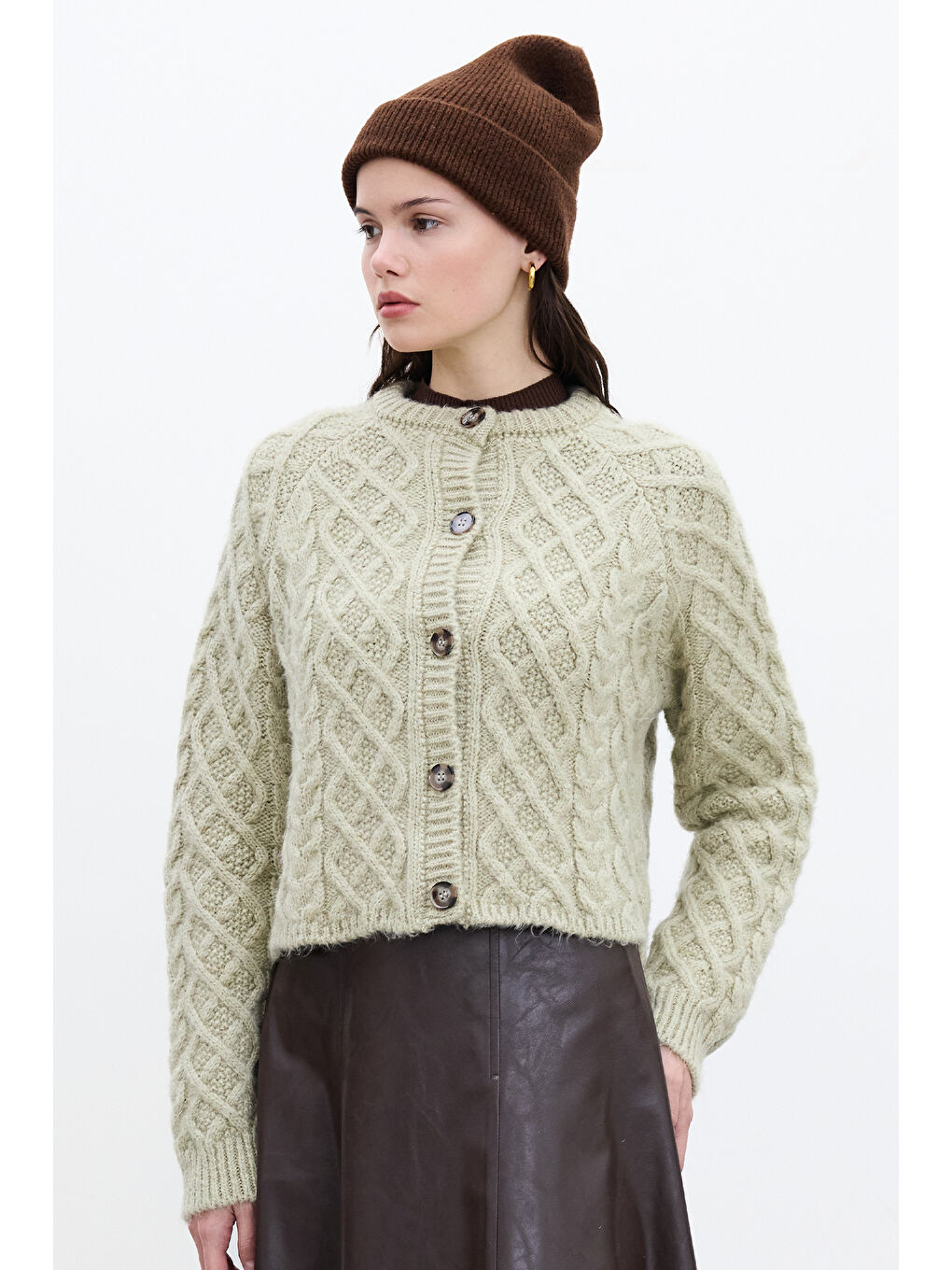 Saç Örgülü Hırka Soft Yeşil