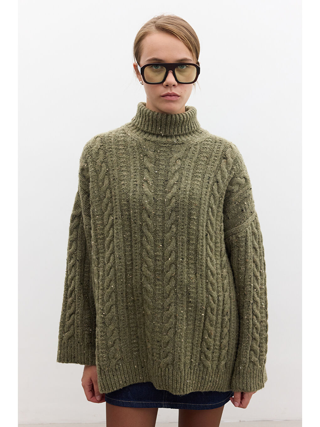 Boğazlı Örgü Triko Kazak Yeşil-1