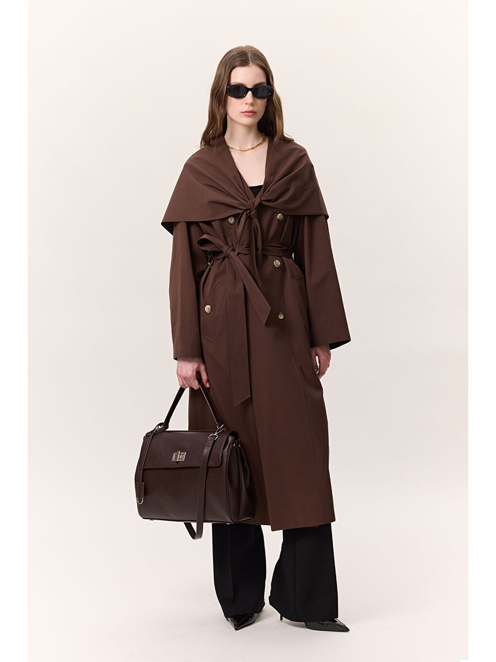 Şal Detaylı Tasarım Trençkot Kahverengi