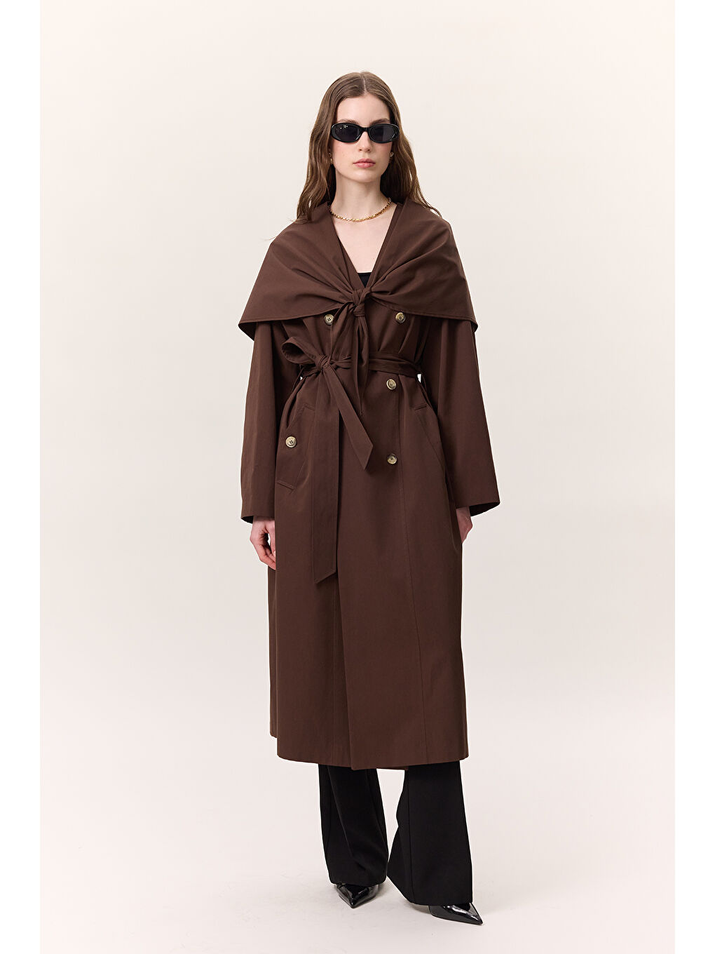 Şal Detaylı Tasarım Trençkot Kahverengi-1