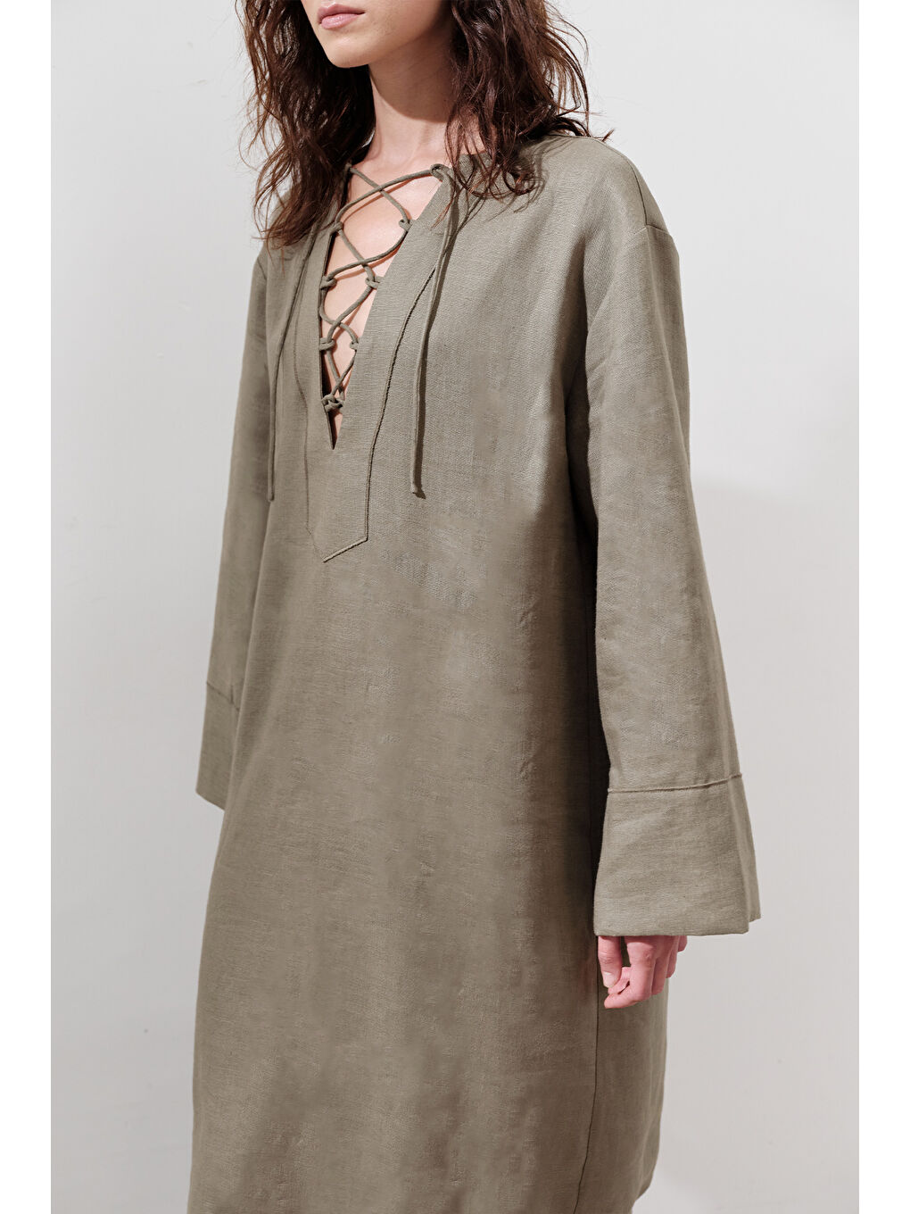 Keten Bağlama Detaylı Elbise Haki-1