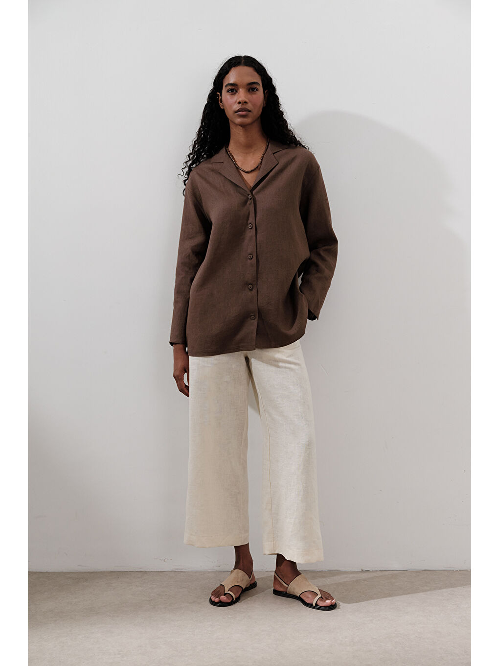 Kahverengi Keten Geniş Kollu Gömlek Tozlu Kahve-2