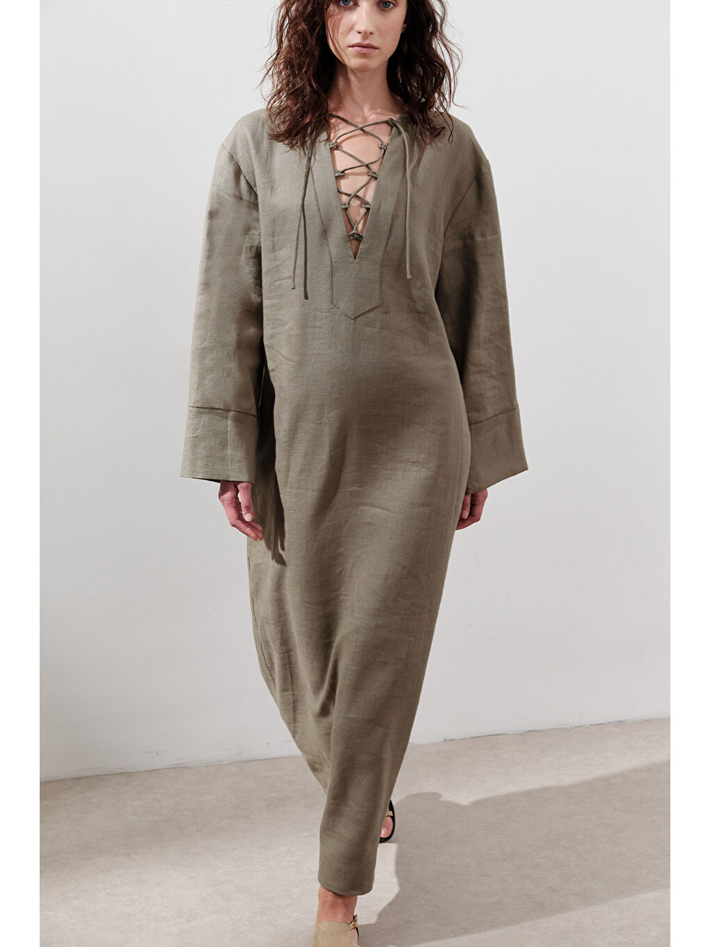 Keten Bağlama Detaylı Elbise Haki-2