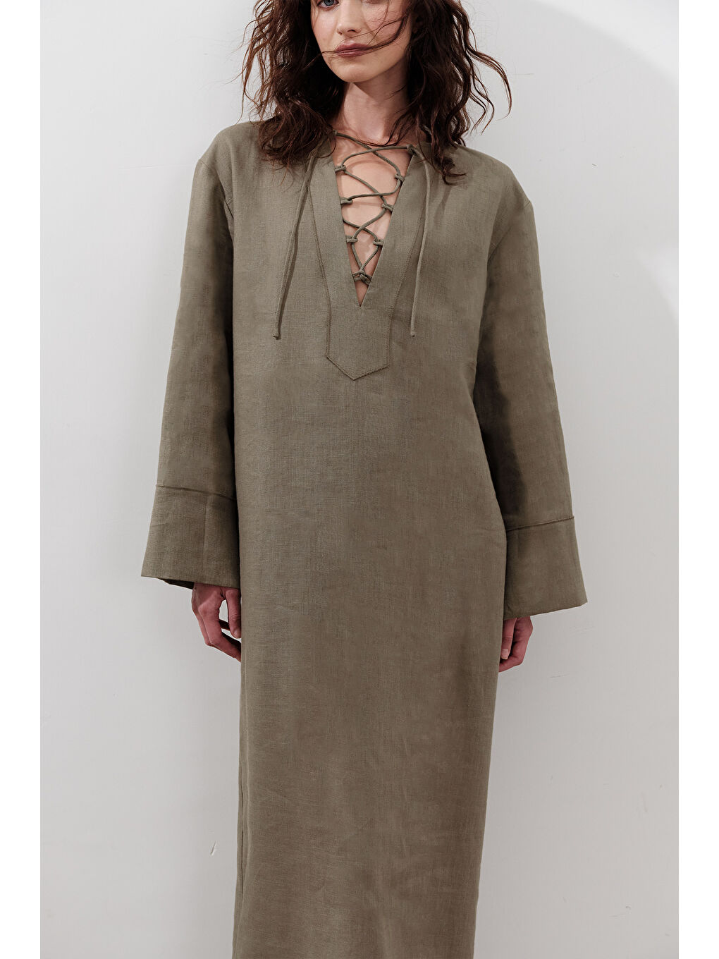 Keten Bağlama Detaylı Elbise Haki-3